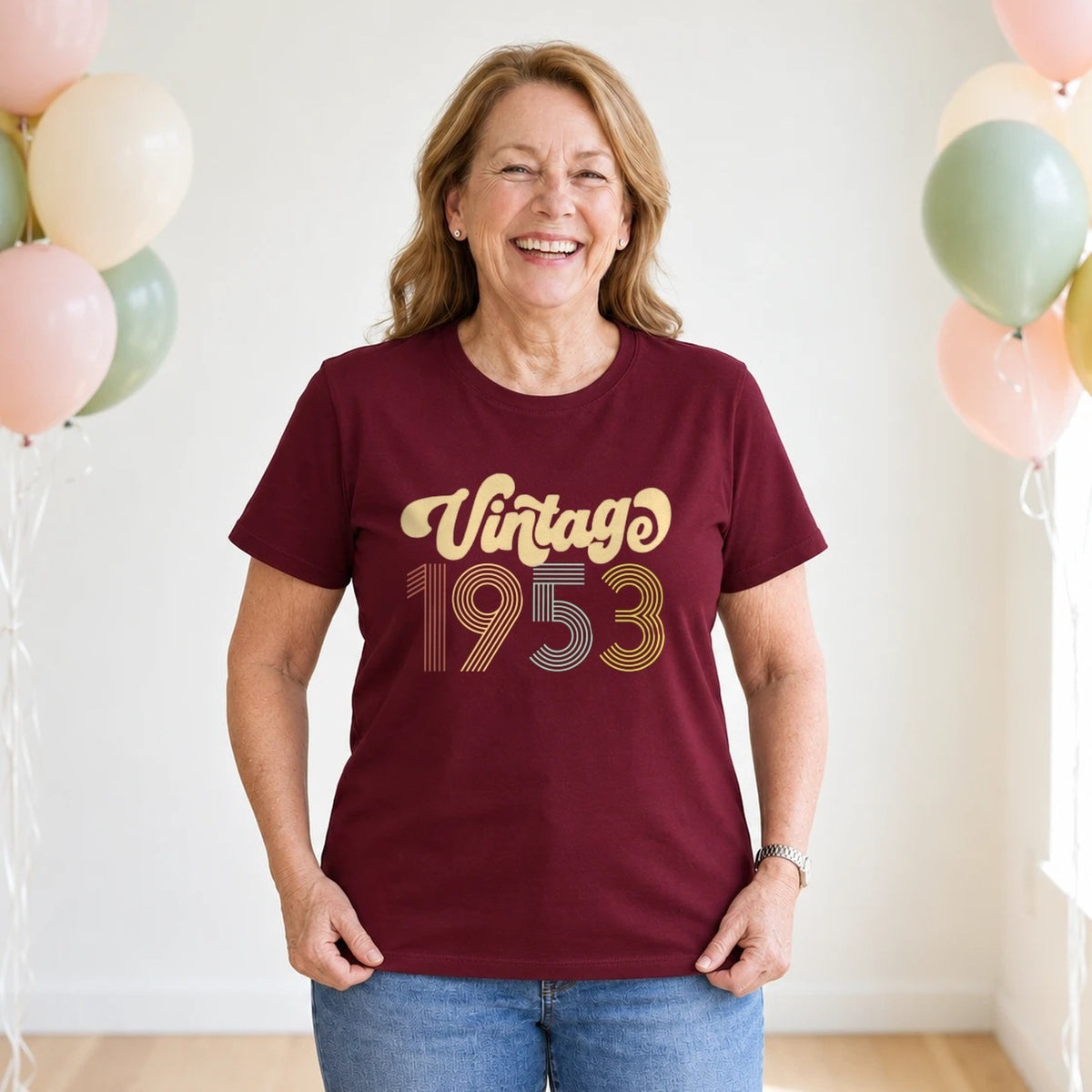 Vintage 1953 - Retro 73rd Birthday T-Shirt for Women - Burgundy Round Neck