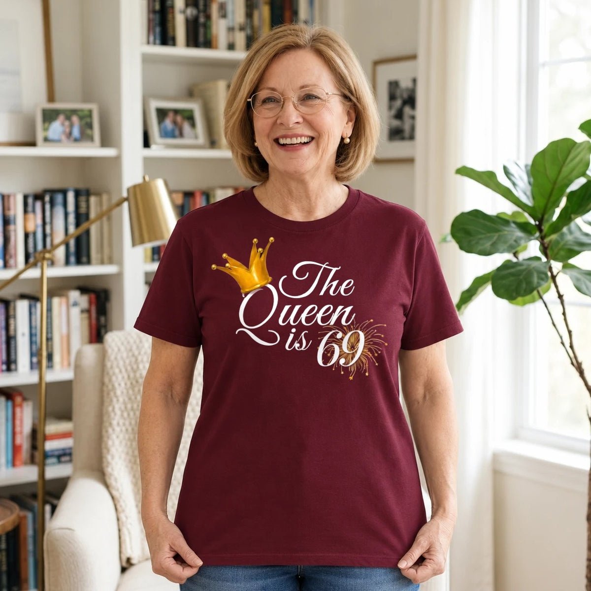 The Queen Is 69 - 69th Birthday Queen T-Shirt for Women - Burgundy Round Neck