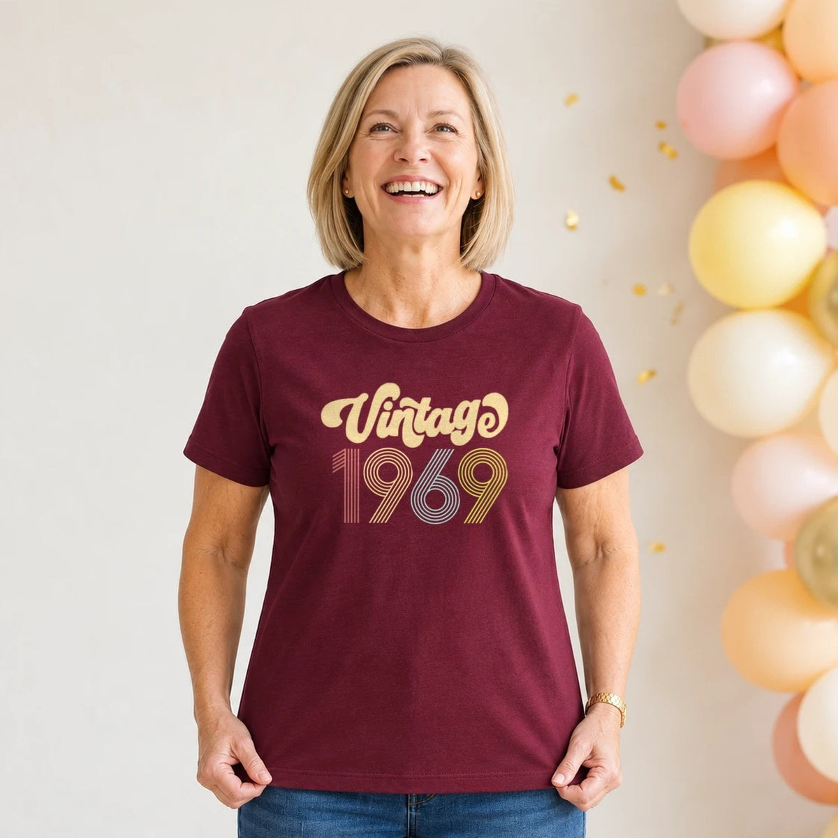 Vintage 1969 - Retro 57th Birthday T-Shirt for Women - Burgundy Round Neck