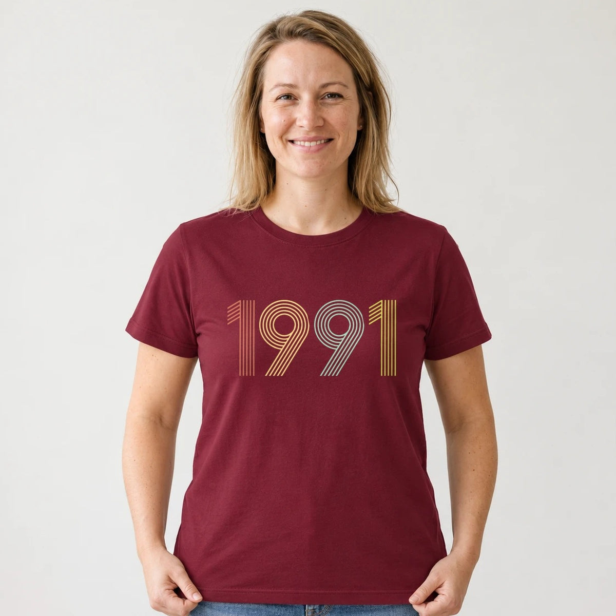 1991 Birth Year Shirt - Retro 35th Birthday T-Shirt for Women - Burgundy Round Neck