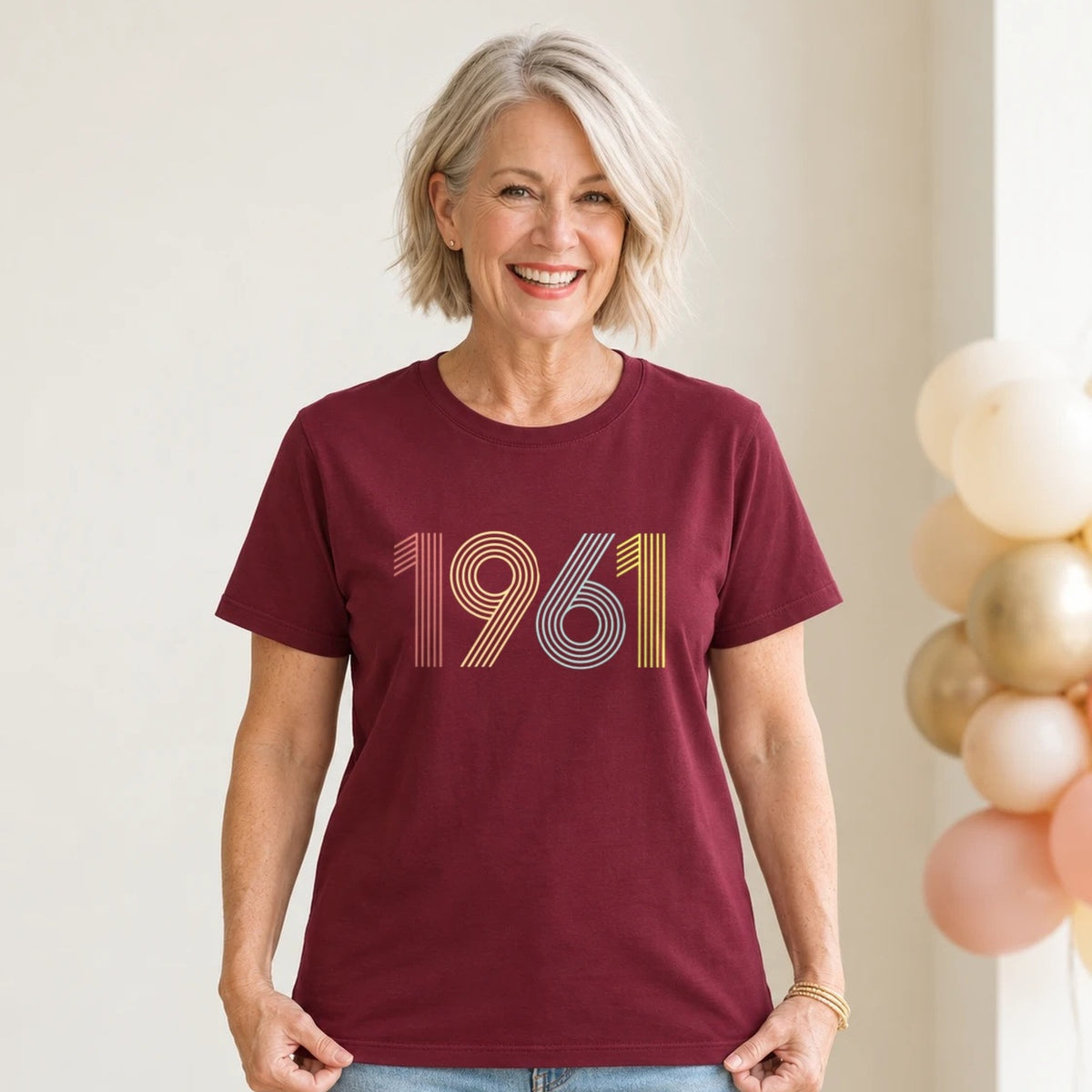1961 Birth Year Shirt - Retro 65th Birthday T-Shirt for Women - Burgundy Round Neck