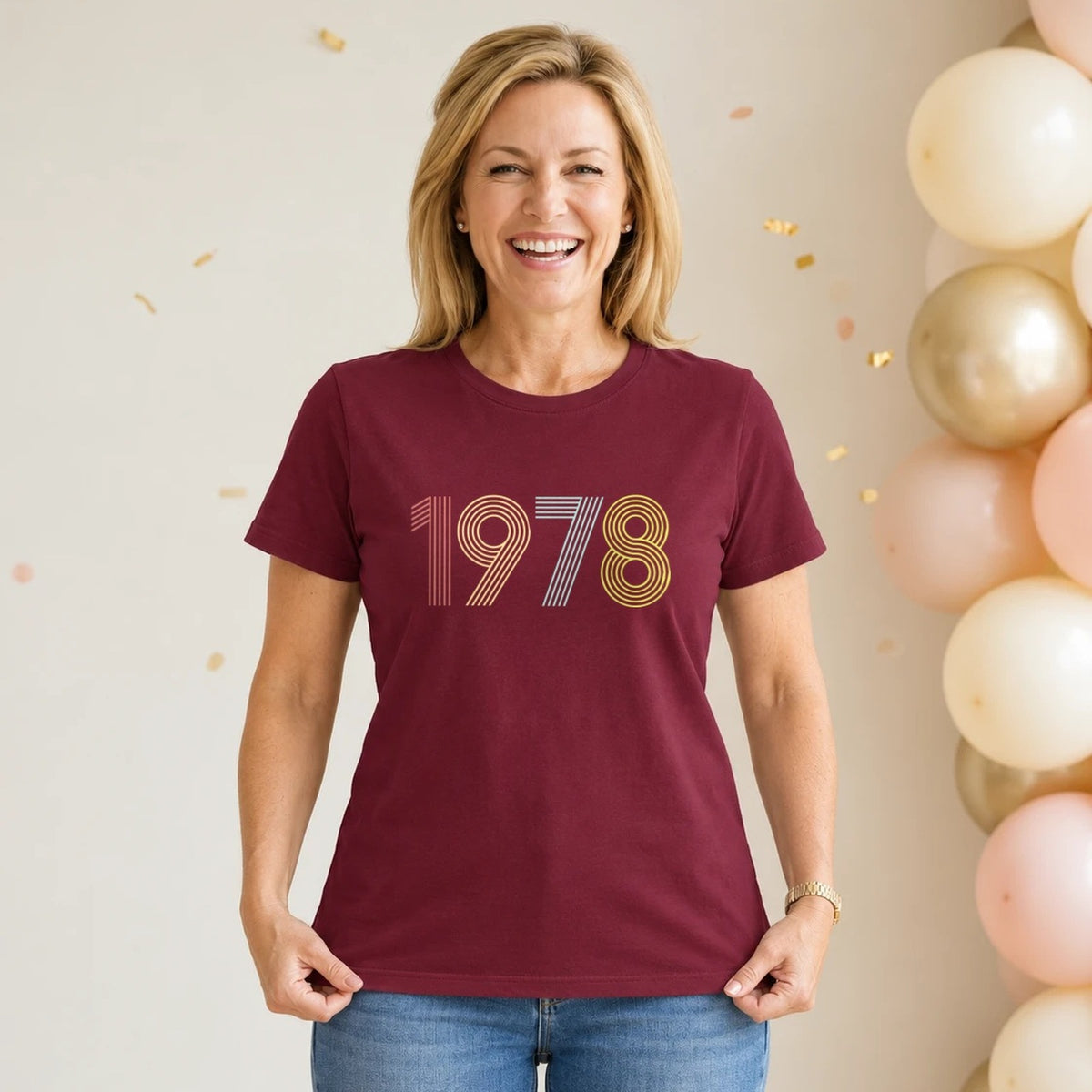 1978 Birth Year Shirt - Retro 48th Birthday T-Shirt for Women - Burgundy Round Neck