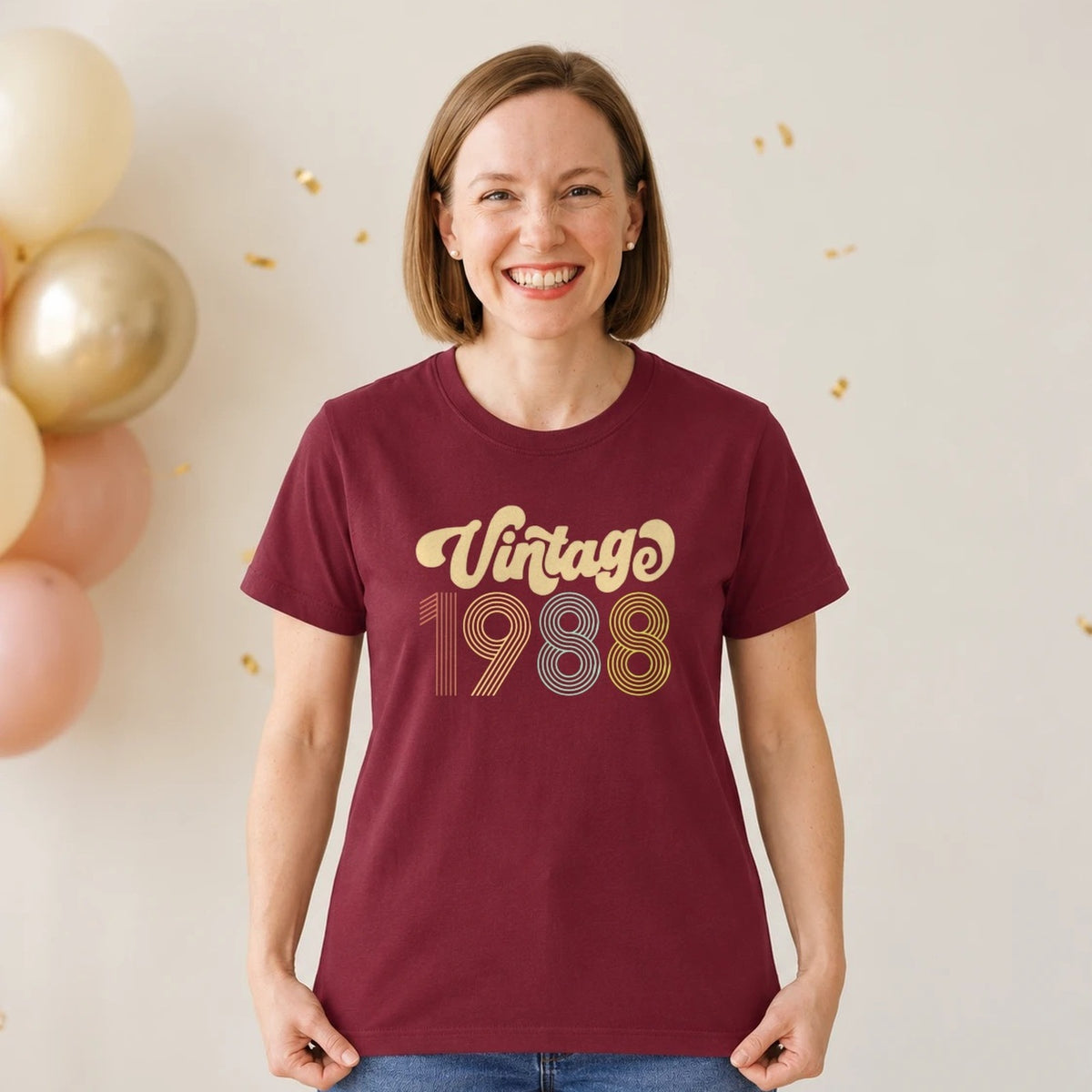 Vintage 1988 - Retro 38th Birthday T-Shirt for Women - Burgundy Round Neck