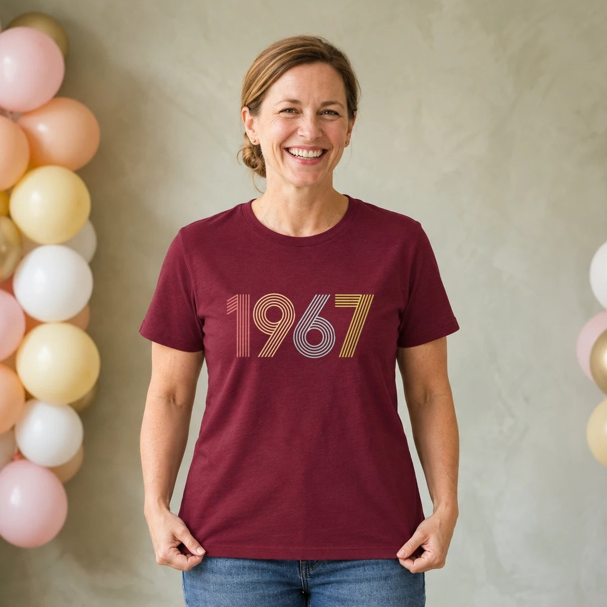 1967 Birth Year Shirt - Retro 59th Birthday T-Shirt for Women - Burgundy Round Neck