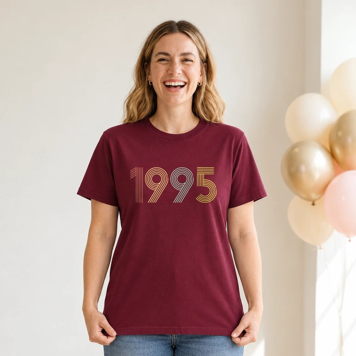 1995 Birth Year Shirt - Retro 31st Birthday T-Shirt for Women - Burgundy Round Neck