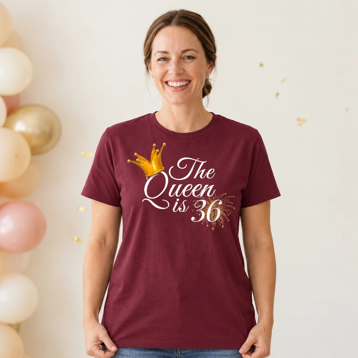 The Queen Is 36 - 36th Birthday Queen T-Shirt for Women - Burgundy Round Neck