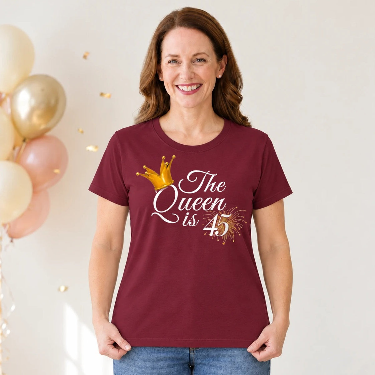 The Queen Is 45 - 45th Birthday Queen T-Shirt for Women - Burgundy Round Neck