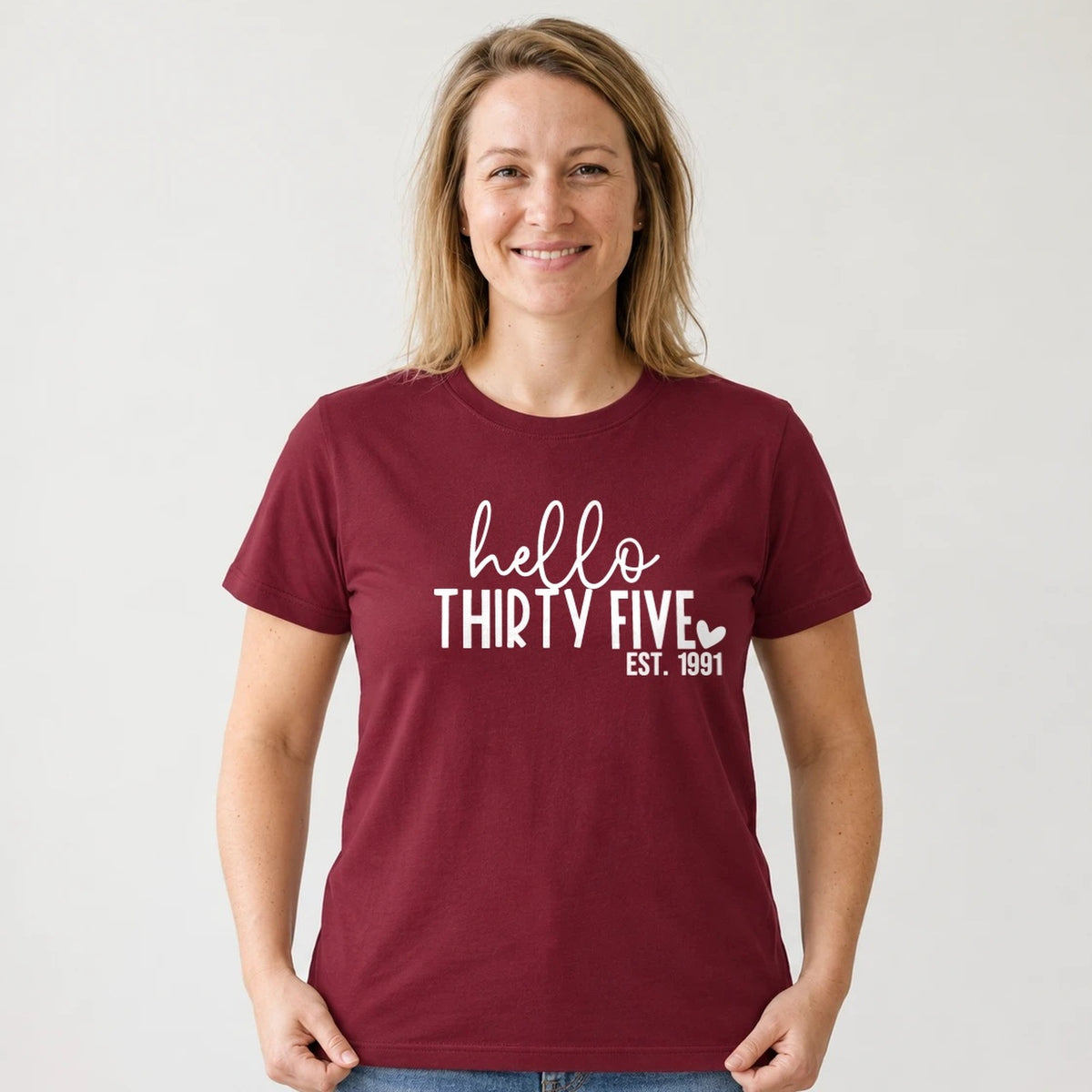 Hello Thirty-Five 35th Birthday T-Shirt for Women - Est. 1991 - Burgundy Round Neck