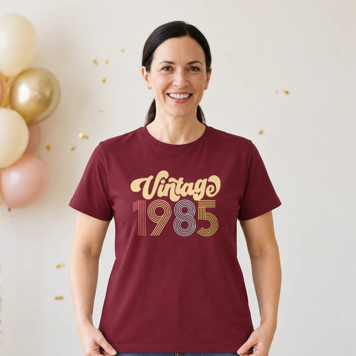 Vintage 1985 - Retro 41st Birthday T-Shirt for Women - Burgundy Round Neck
