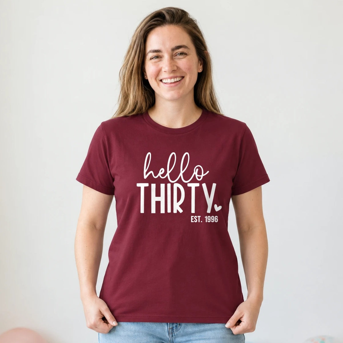 Hello Thirty 30th Birthday T-Shirt for Women - Est. 1996 - Burgundy Round Neck