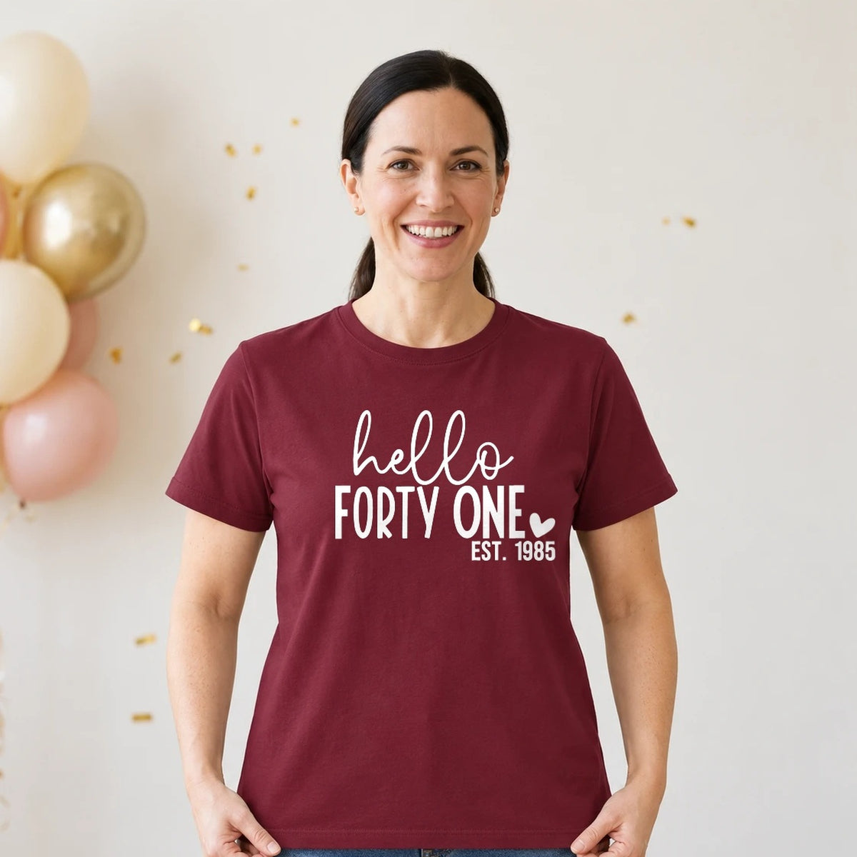 Hello Forty-One 41st Birthday T-Shirt for Women - Est. 1985 - Burgundy Round Neck