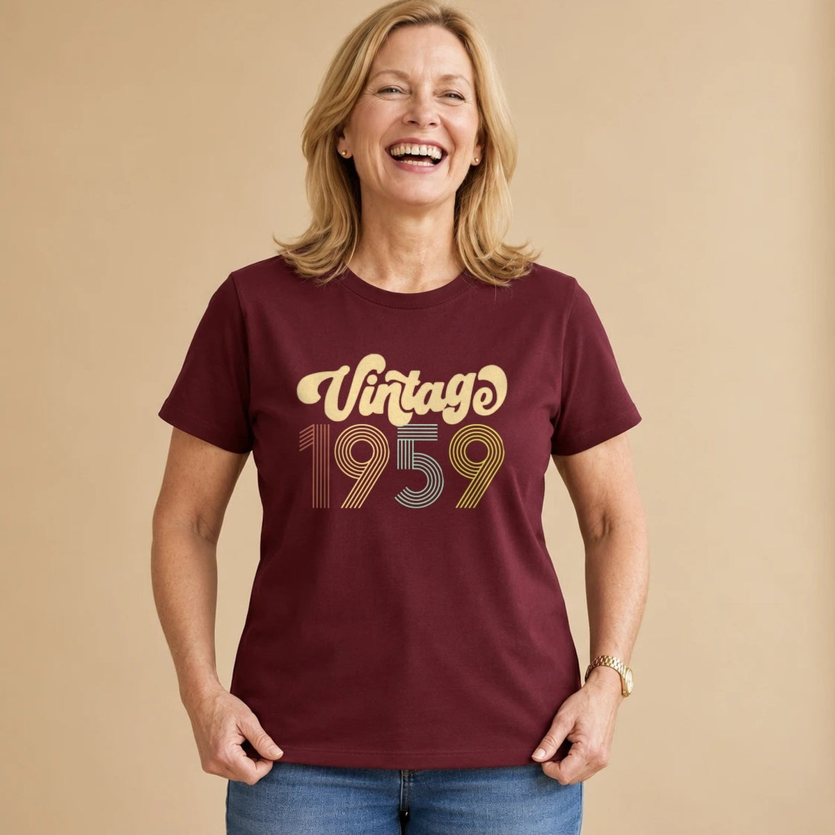 Vintage 1959 - Retro 67th Birthday T-Shirt for Women - Burgundy Round Neck