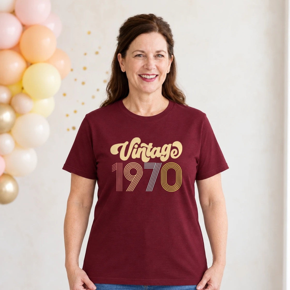 Vintage 1970 - Retro 56th Birthday T-Shirt for Women - Burgundy Round Neck