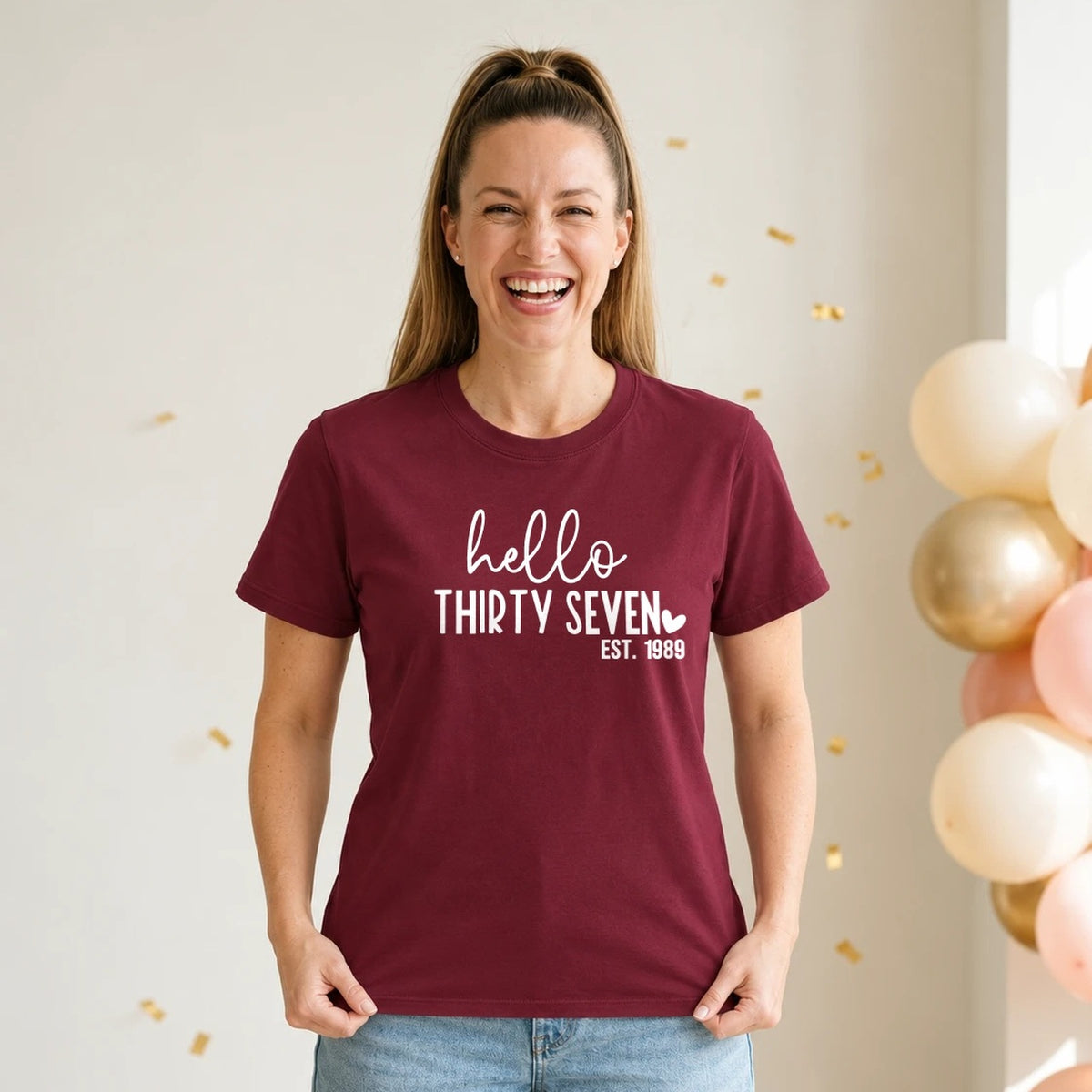 Hello Thirty-Seven 37th Birthday T-Shirt for Women - Est. 1989 - Burgundy Round Neck