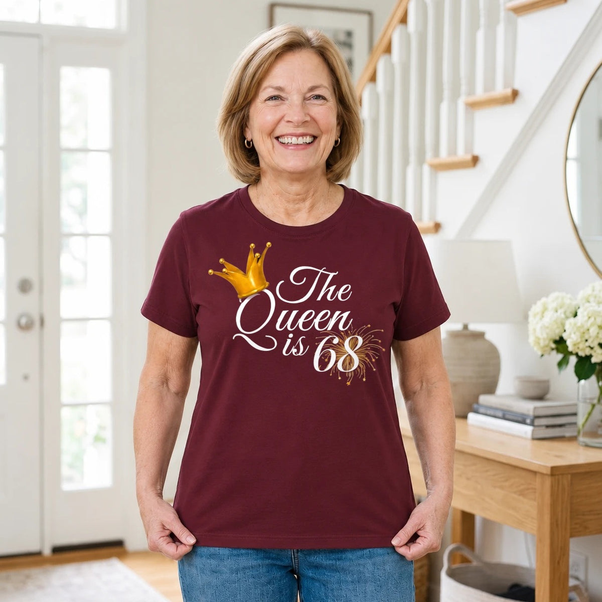 The Queen Is 68 - 68th Birthday Queen T-Shirt for Women - Burgundy Round Neck