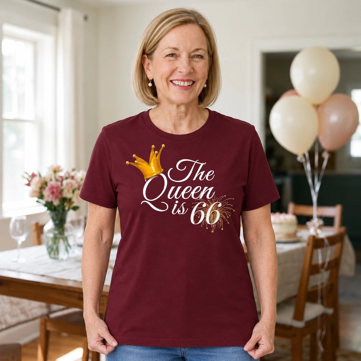 The Queen Is 66 - 66th Birthday Queen T-Shirt for Women - Burgundy Round Neck