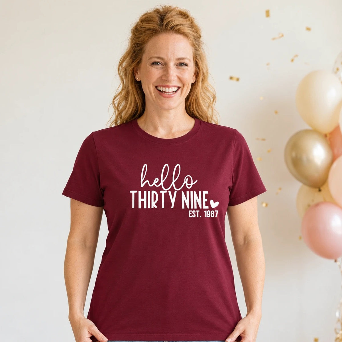 Hello Thirty-Nine 39th Birthday T-Shirt for Women - Est. 1987 - Burgundy Round Neck
