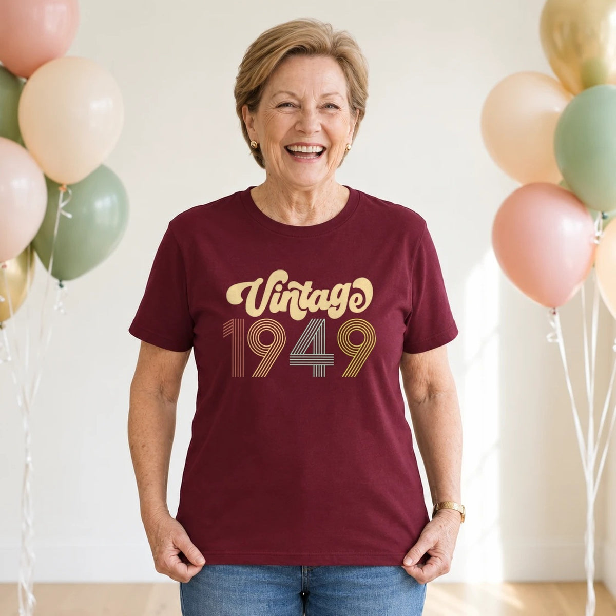 Vintage 1949 - Retro 77th Birthday T-Shirt for Women - Burgundy Round Neck