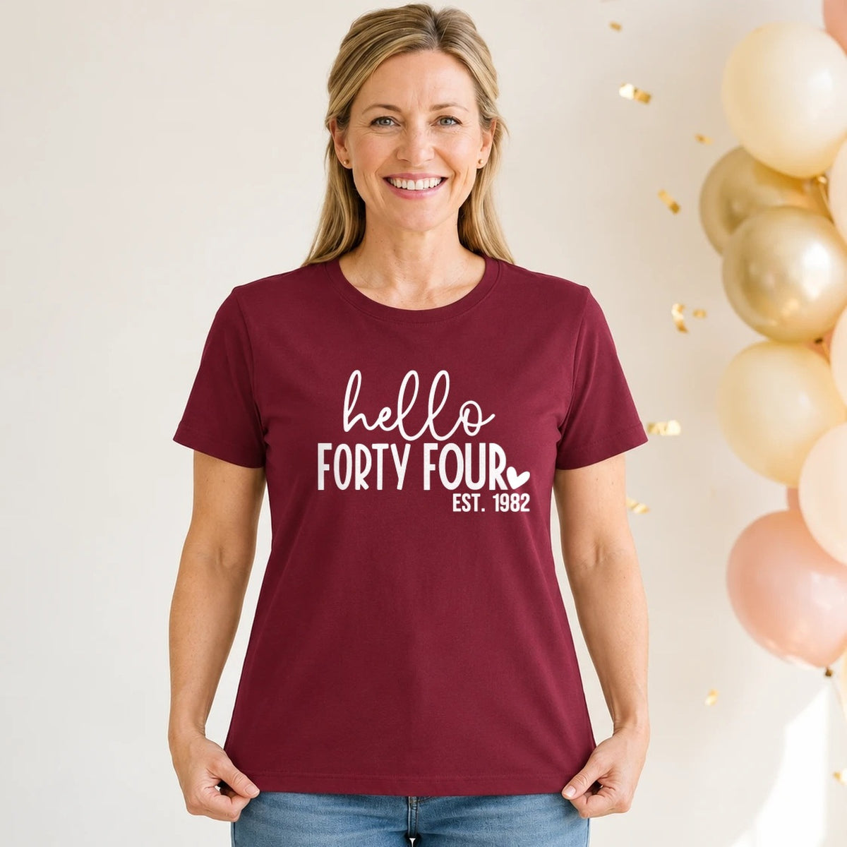 Hello Forty-Four 44th Birthday T-Shirt for Women - Est. 1982 - Burgundy Round Neck