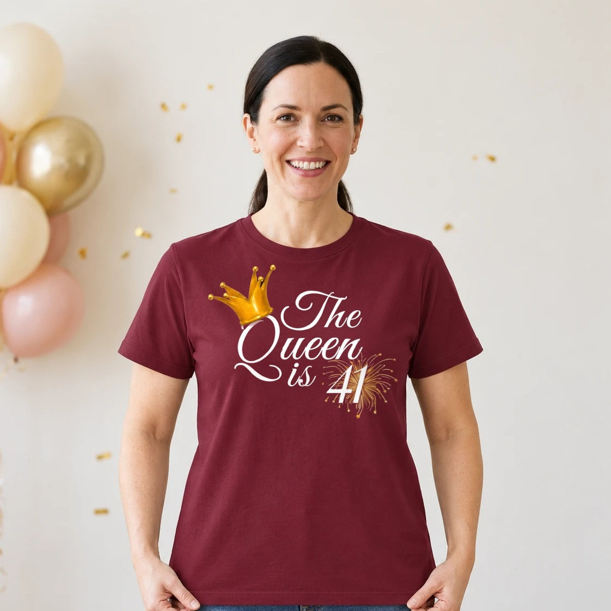 The Queen Is 41 - 41st Birthday Queen T-Shirt for Women - Burgundy Round Neck