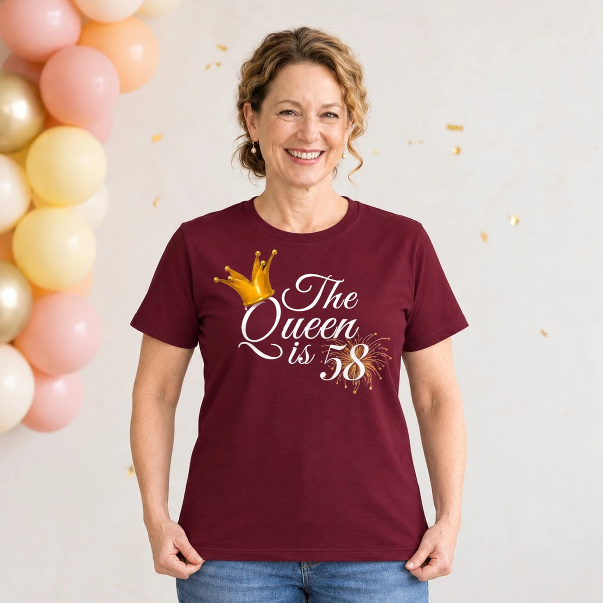 The Queen Is 58 - 58th Birthday Queen T-Shirt for Women - Burgundy Round Neck