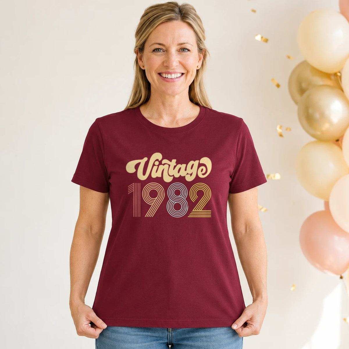 Vintage 1982 - Retro 44th Birthday T-Shirt for Women - Burgundy Round Neck