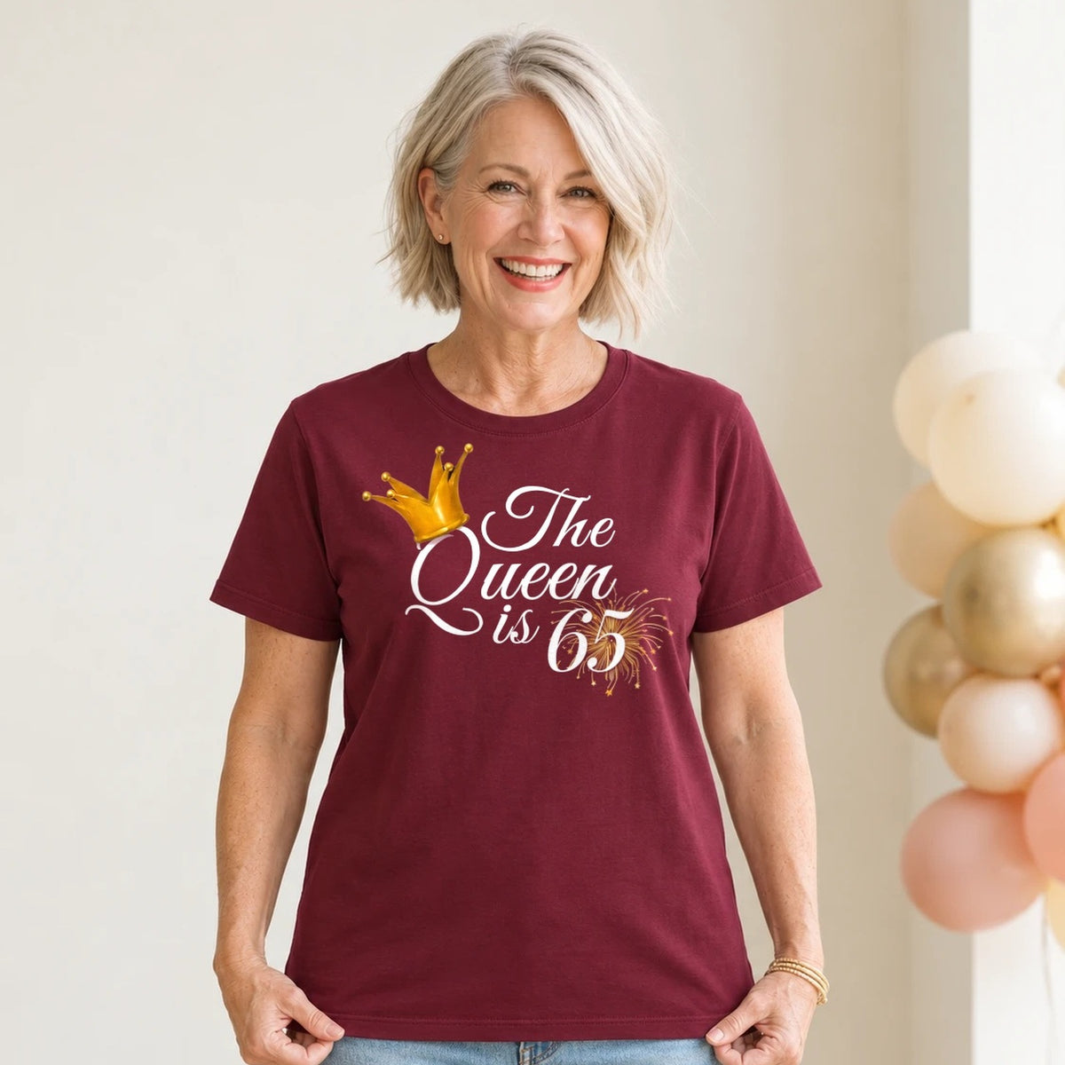 The Queen Is 65 - 65th Birthday Queen T-Shirt for Women - Burgundy Round Neck