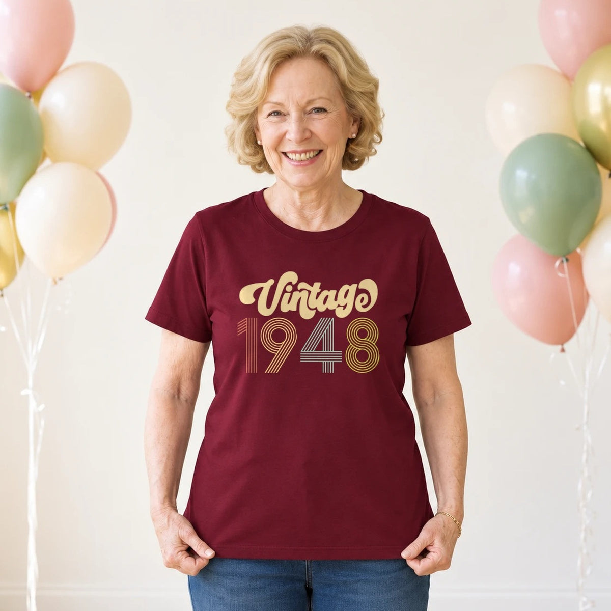 Vintage 1948 - Retro 78th Birthday T-Shirt for Women - Burgundy Round Neck