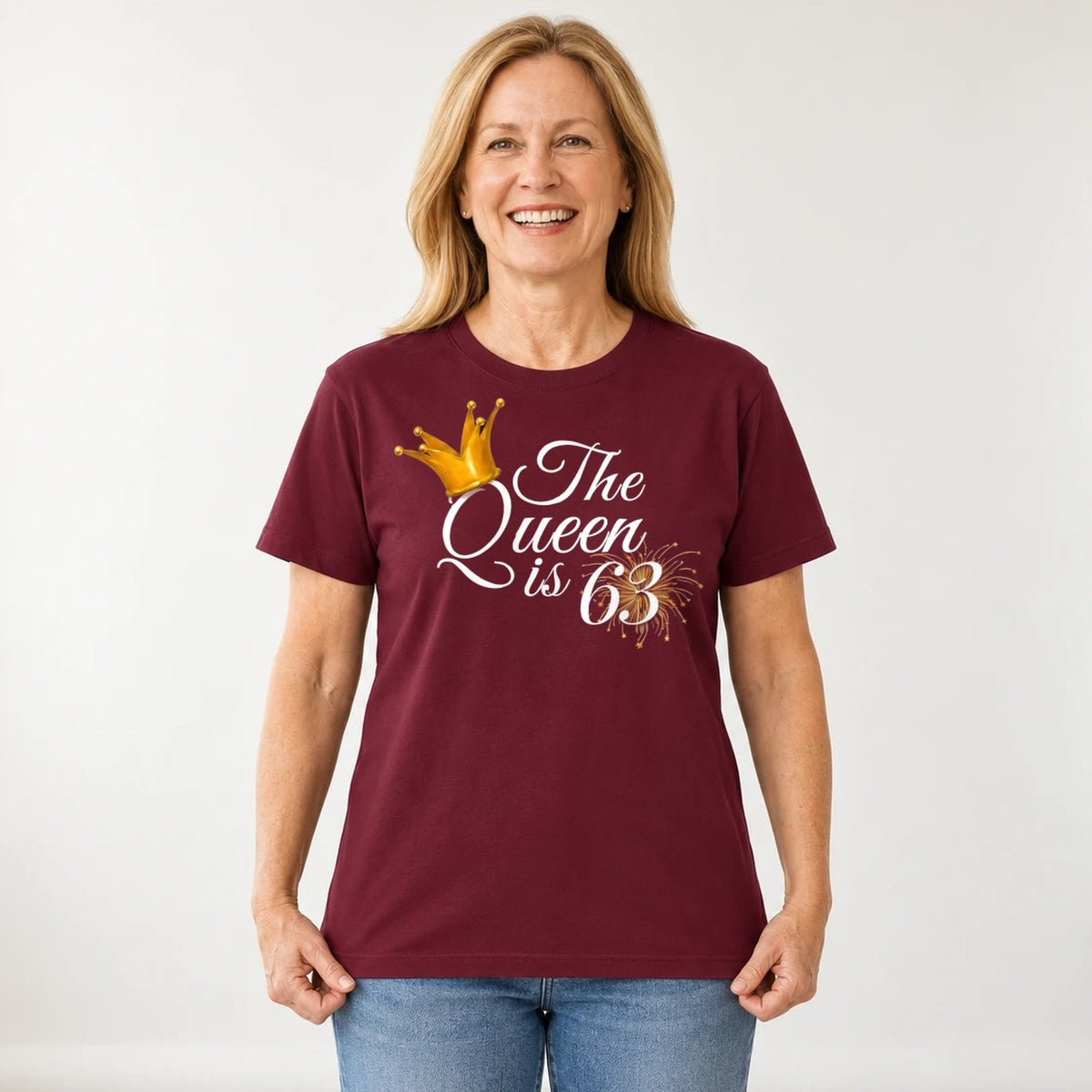 The Queen Is 63 - 63rd Birthday Queen T-Shirt for Women - Burgundy Round Neck