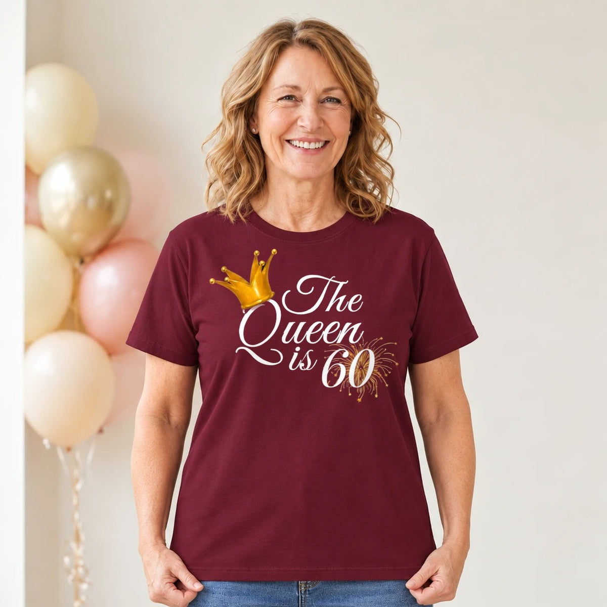 The Queen Is 60 - 60th Birthday Queen T-Shirt for Women - Burgundy Round Neck
