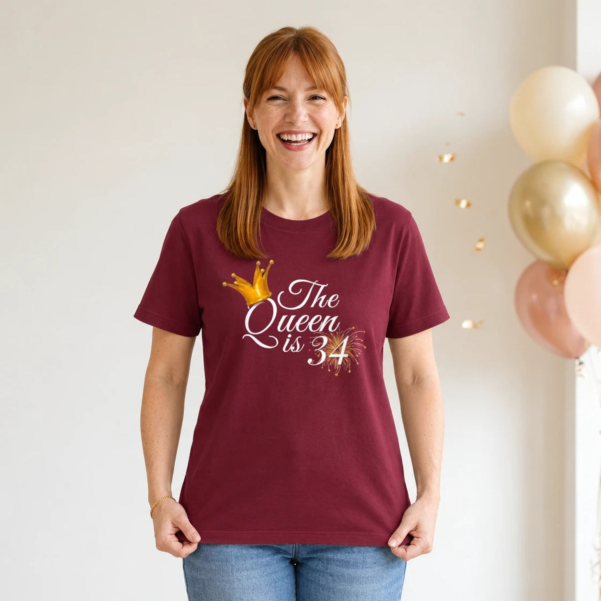 The Queen Is 34 - 34th Birthday Queen T-Shirt for Women - Burgundy Round Neck