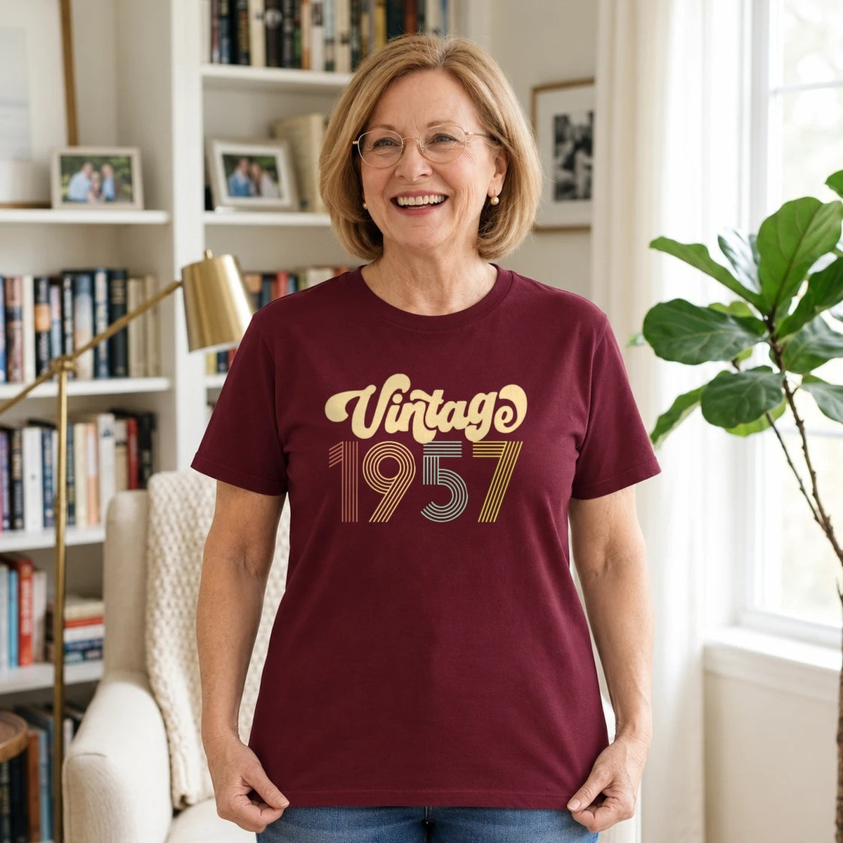 Vintage 1957 - Retro 69th Birthday T-Shirt for Women - Burgundy Round Neck