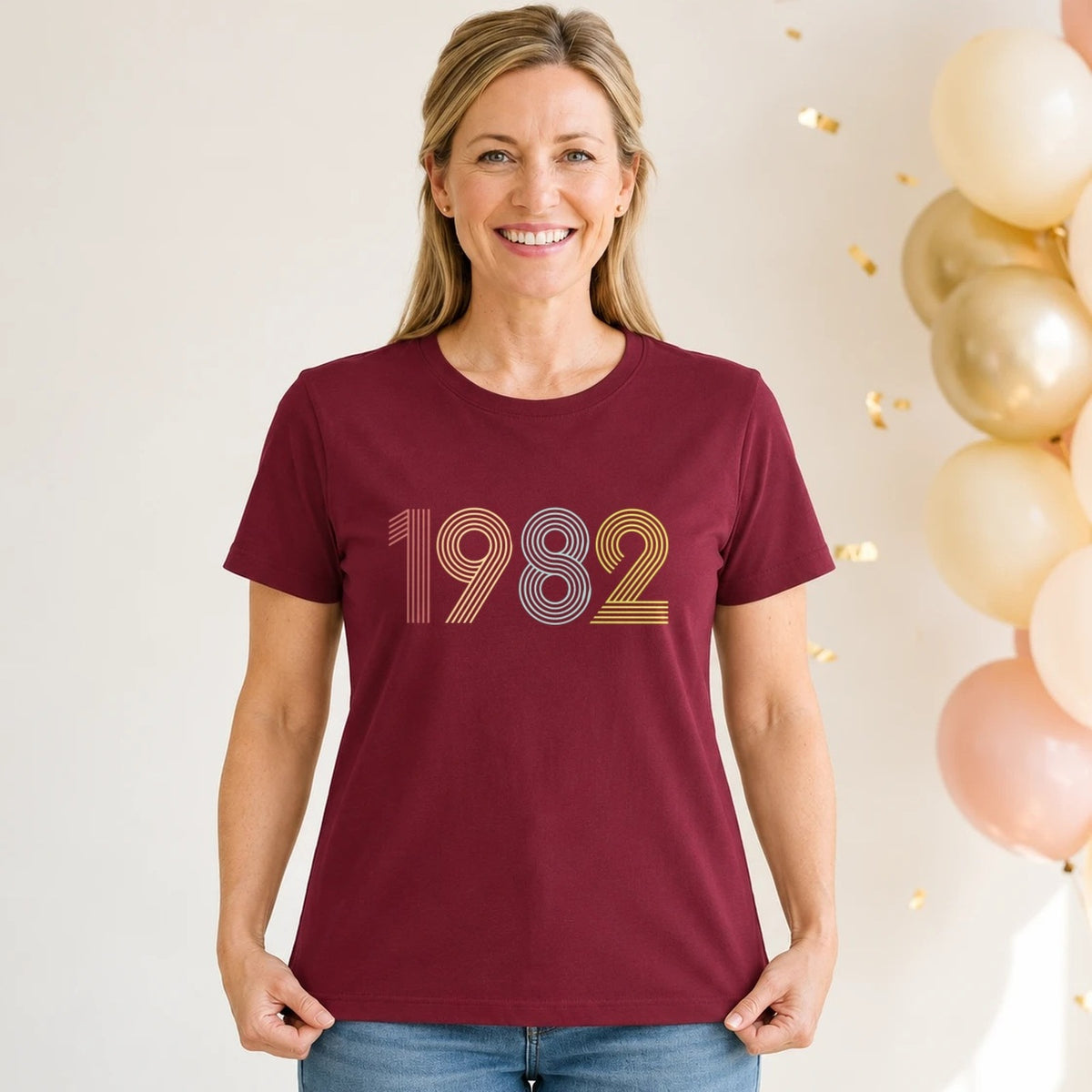 1982 Birth Year Shirt - Retro 44th Birthday T-Shirt for Women - Burgundy Round Neck