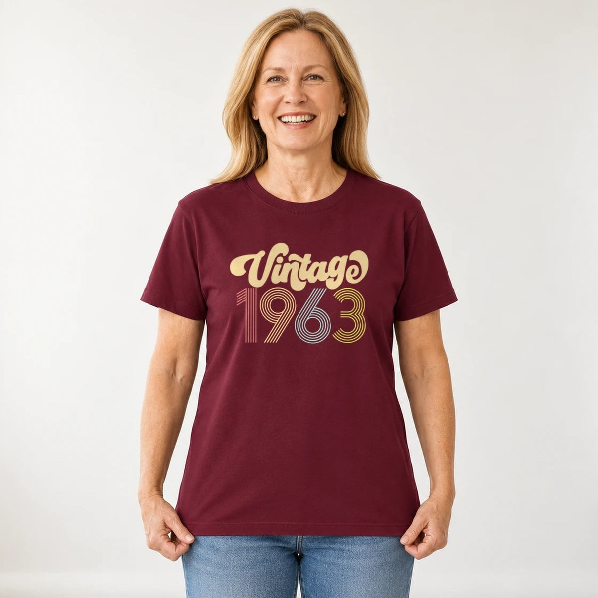 Vintage 1963 - Retro 63rd Birthday T-Shirt for Women - Burgundy Round Neck