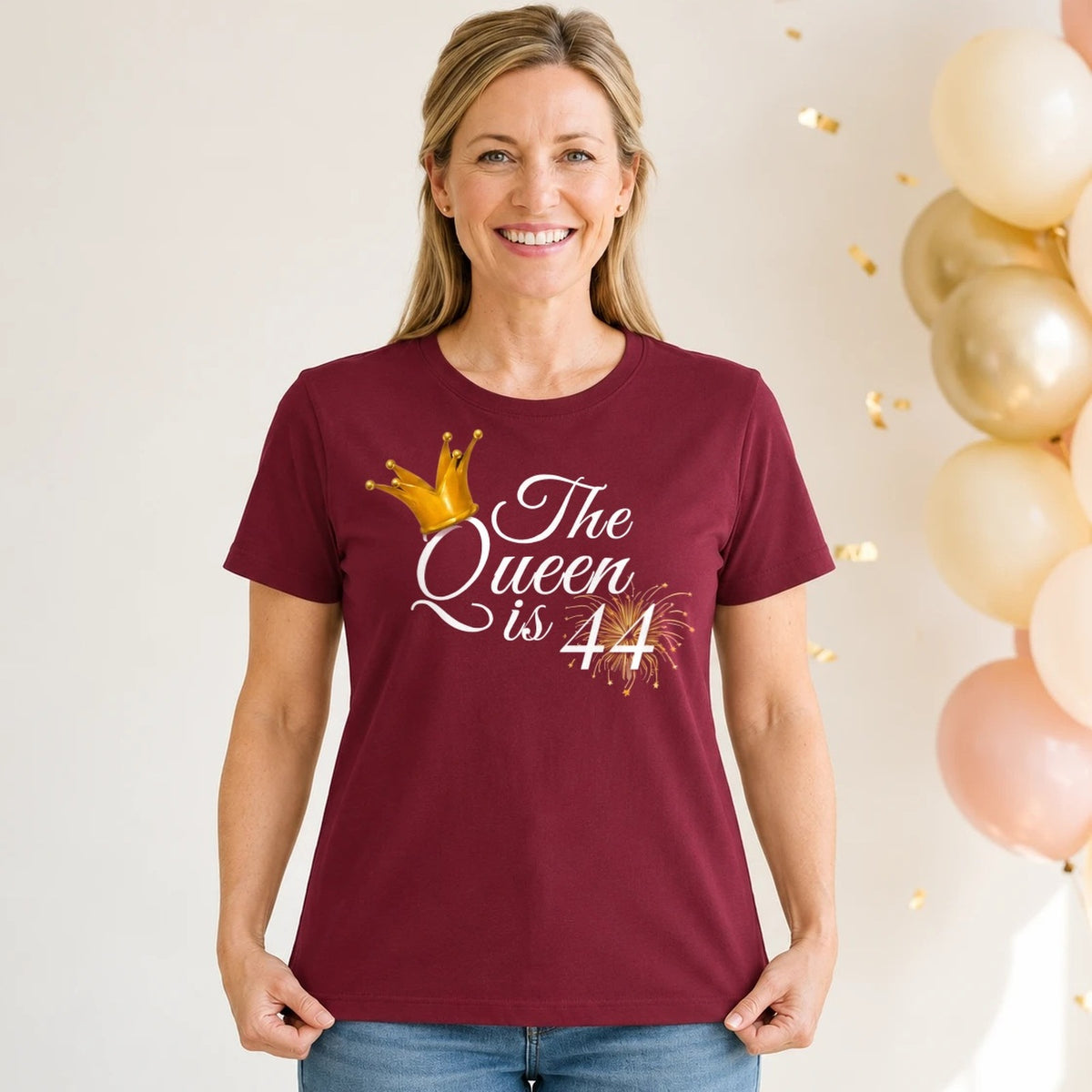 The Queen Is 44 - 44th Birthday Queen T-Shirt for Women - Burgundy Round Neck