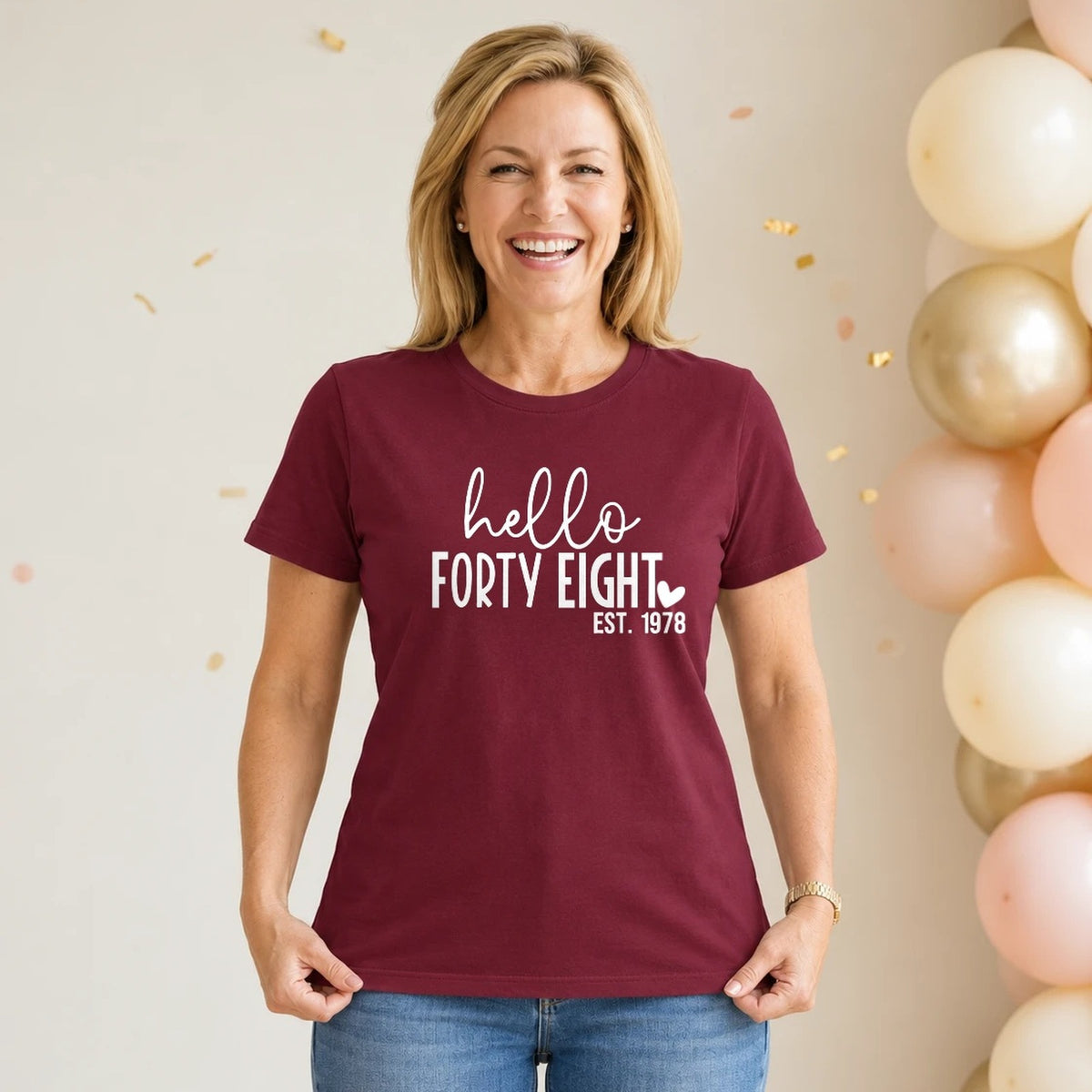 Hello Forty-Eight 48th Birthday T-Shirt for Women - Est. 1978 - Burgundy Round Neck
