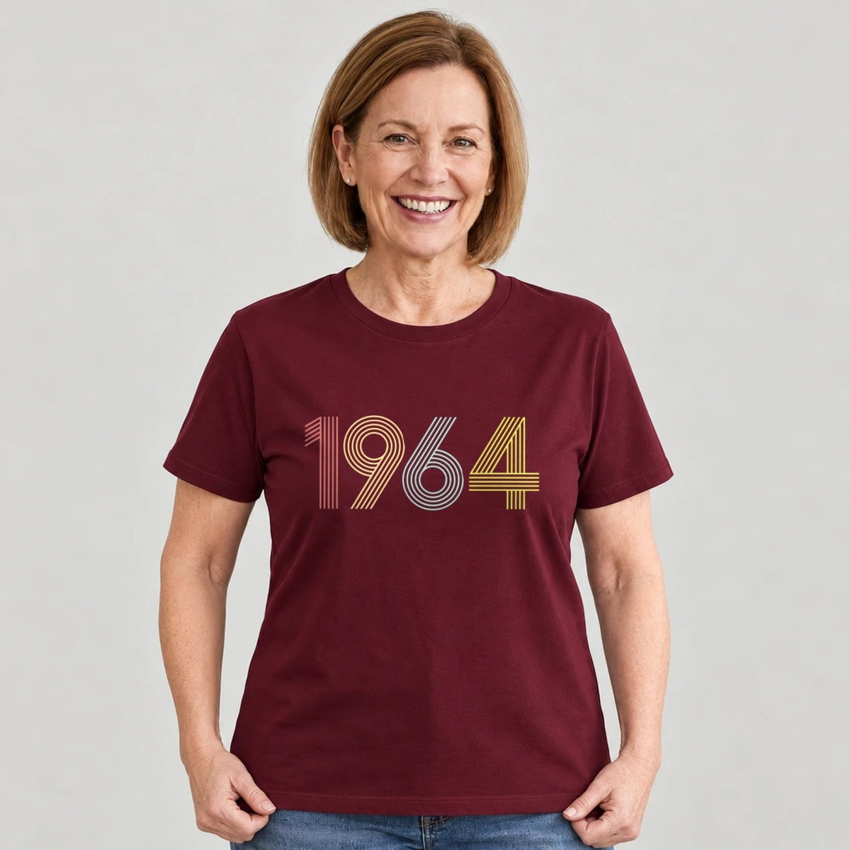 1964 Birth Year Shirt - Retro 62nd Birthday T-Shirt for Women - Burgundy Round Neck