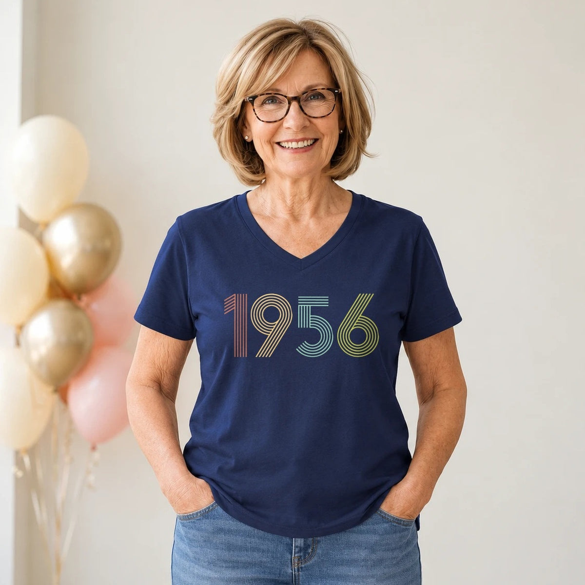 1956 Birth Year Shirt - Retro 70th Birthday T-Shirt for Women - Navy Blue V-Neck