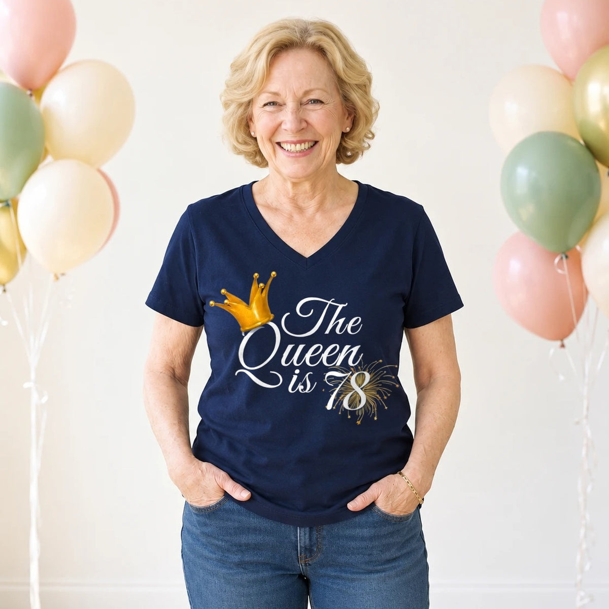 The Queen Is 78 - 78th Birthday Queen T-Shirt for Women - Navy Blue V-Neck