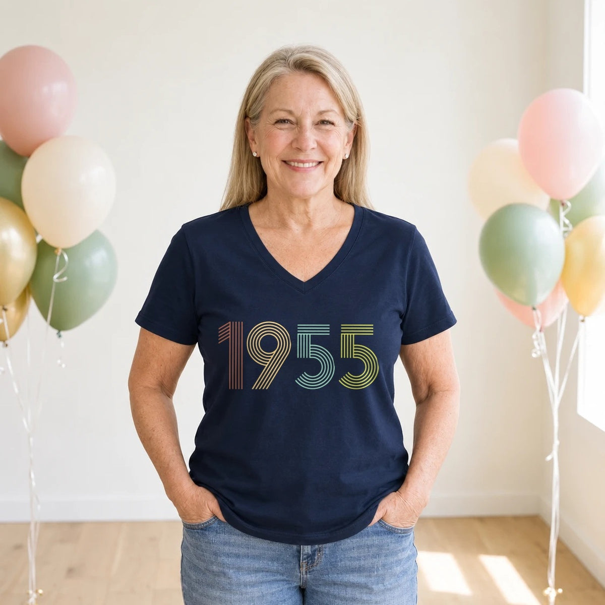 1955 Birth Year Shirt - Retro 71st Birthday T-Shirt for Women - Navy Blue V-Neck