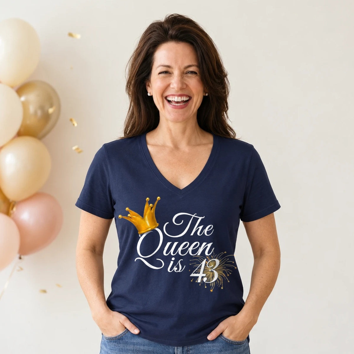 The Queen Is 43 - 43rd Birthday Queen T-Shirt for Women - Navy Blue V-Neck