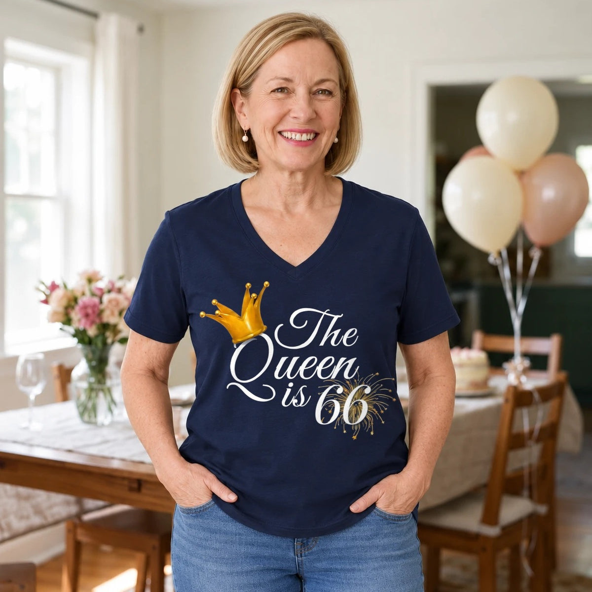 The Queen Is 66 - 66th Birthday Queen T-Shirt for Women - Navy Blue V-Neck
