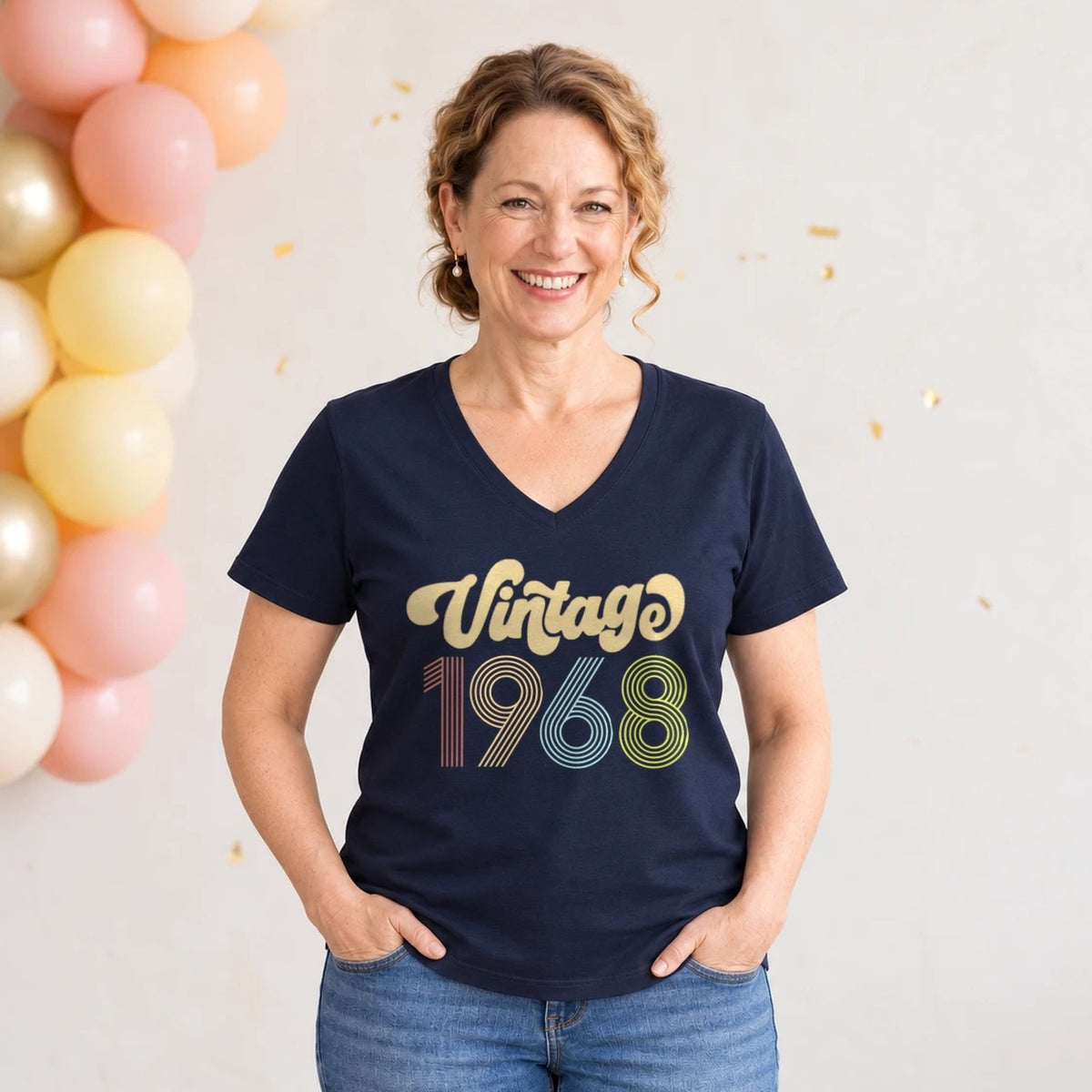 Vintage 1968 - Retro 58th Birthday T-Shirt for Women - Navy Blue V-Neck
