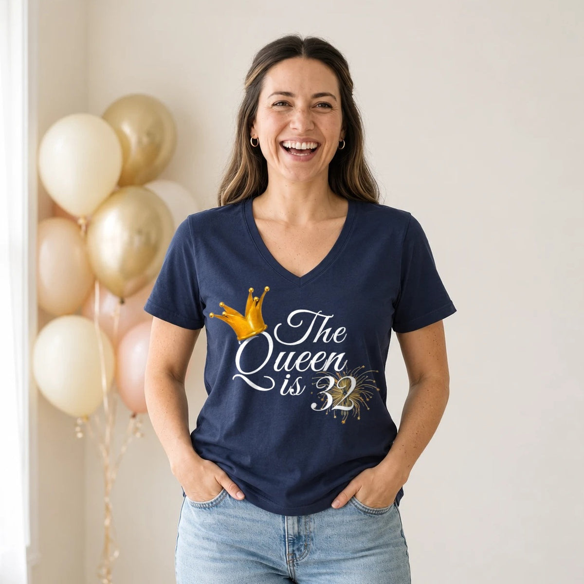 The Queen Is 32 - 32nd Birthday Queen T-Shirt for Women - Navy Blue V-Neck