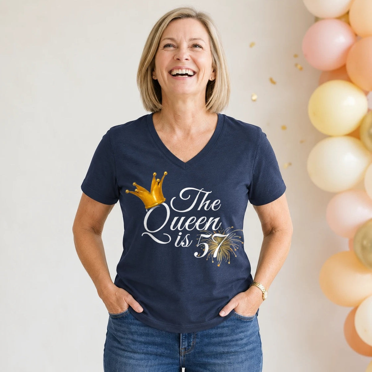 The Queen Is 57 - 57th Birthday Queen T-Shirt for Women - Navy Blue V-Neck