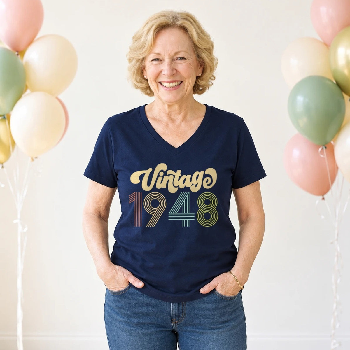 Vintage 1948 - Retro 78th Birthday T-Shirt for Women - Navy Blue V-Neck