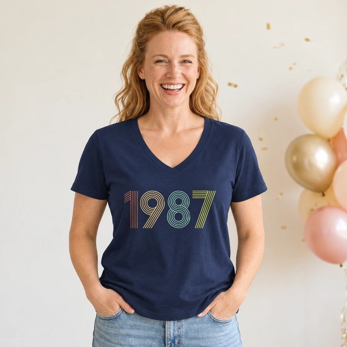 1987 Birth Year Shirt - Retro 39th Birthday T-Shirt for Women - Navy Blue V-Neck