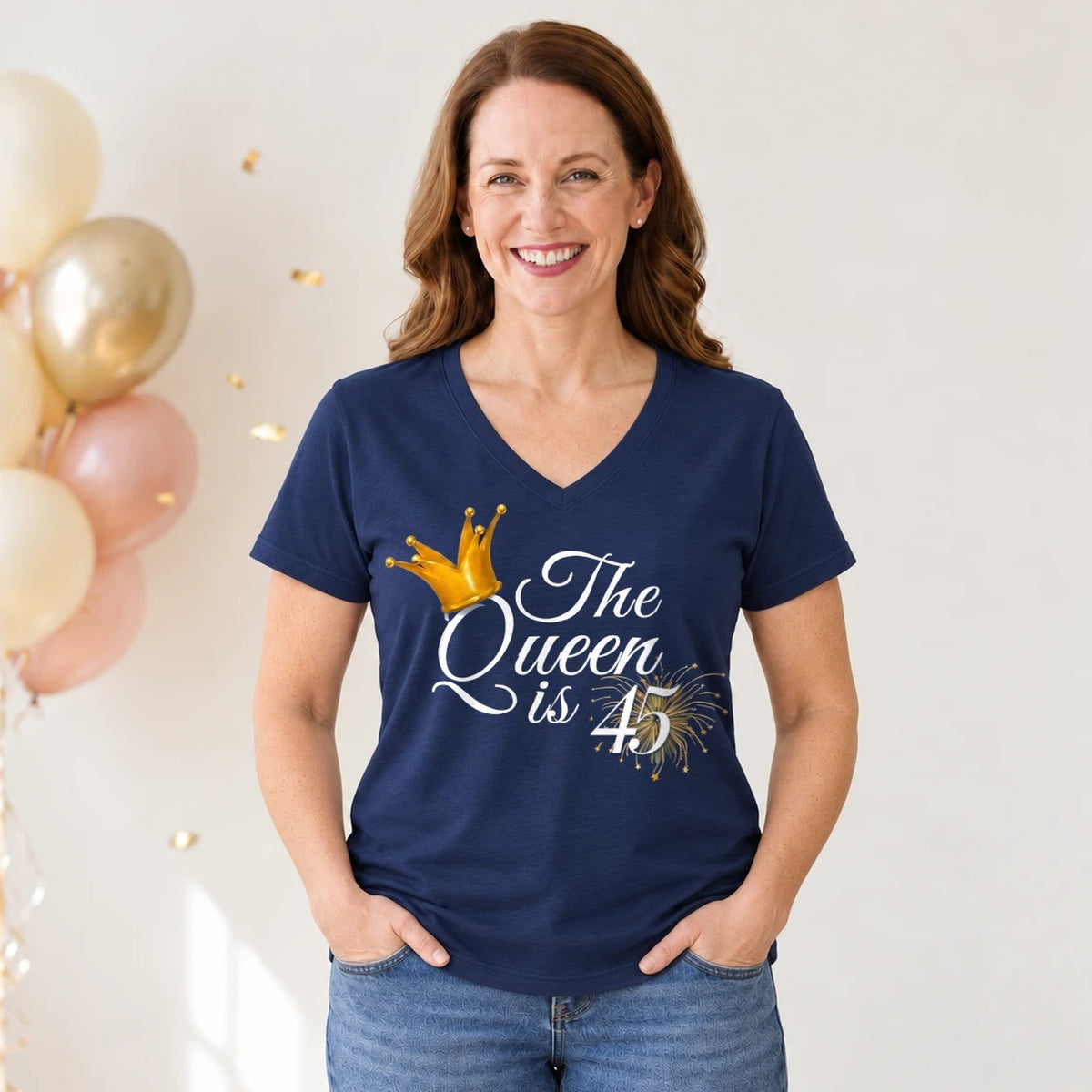 The Queen Is 45 - 45th Birthday Queen T-Shirt for Women - Navy Blue V-Neck