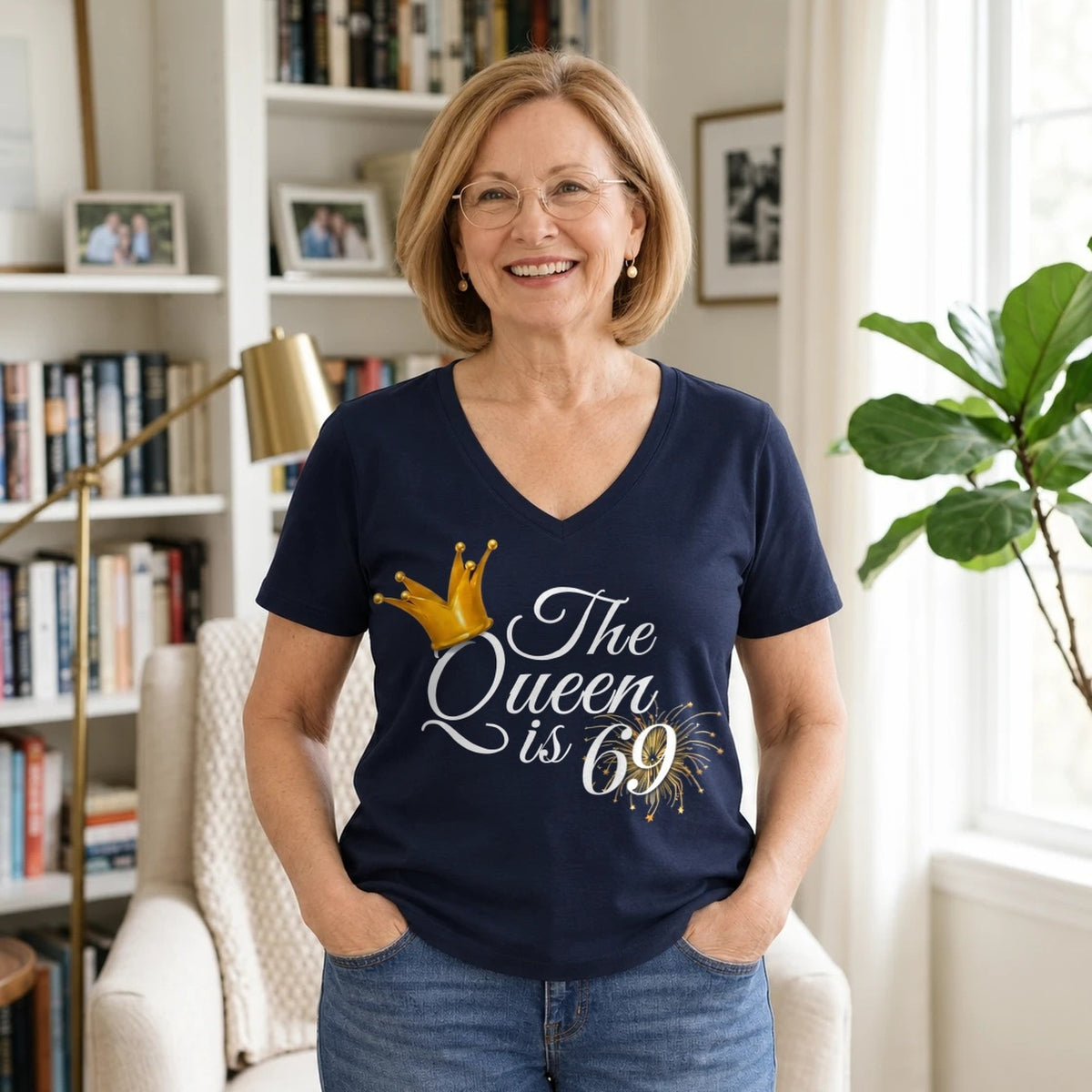 The Queen Is 69 - 69th Birthday Queen T-Shirt for Women - Navy Blue V-Neck
