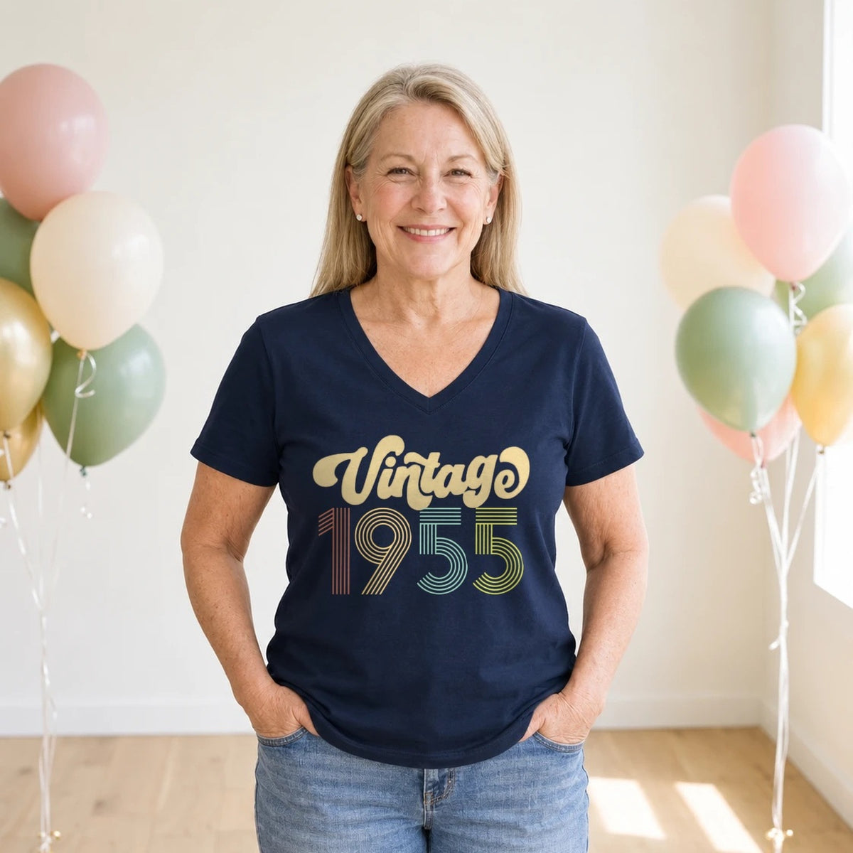 Vintage 1955 - Retro 71st Birthday T-Shirt for Women - Navy Blue V-Neck